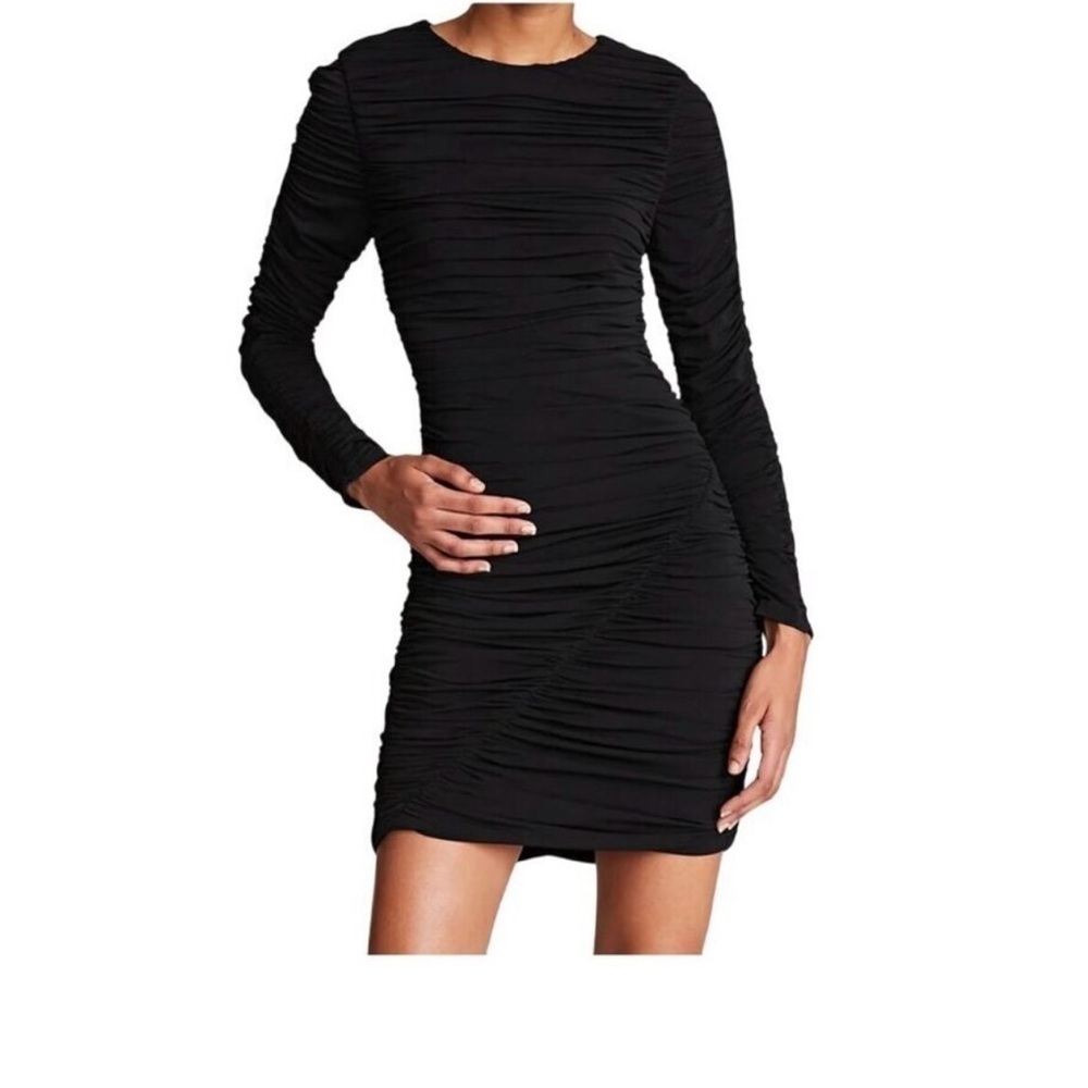 Halston Gwen Black Ruched Bodycon Jersey Stretch Long Sleeve Date Night Dress
